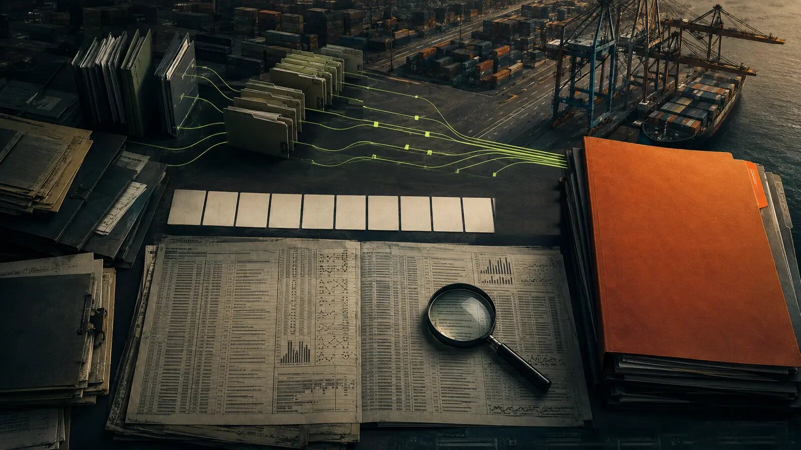 A dense import-credit ledger linking port infrastructure, bank channels and one dominant company file