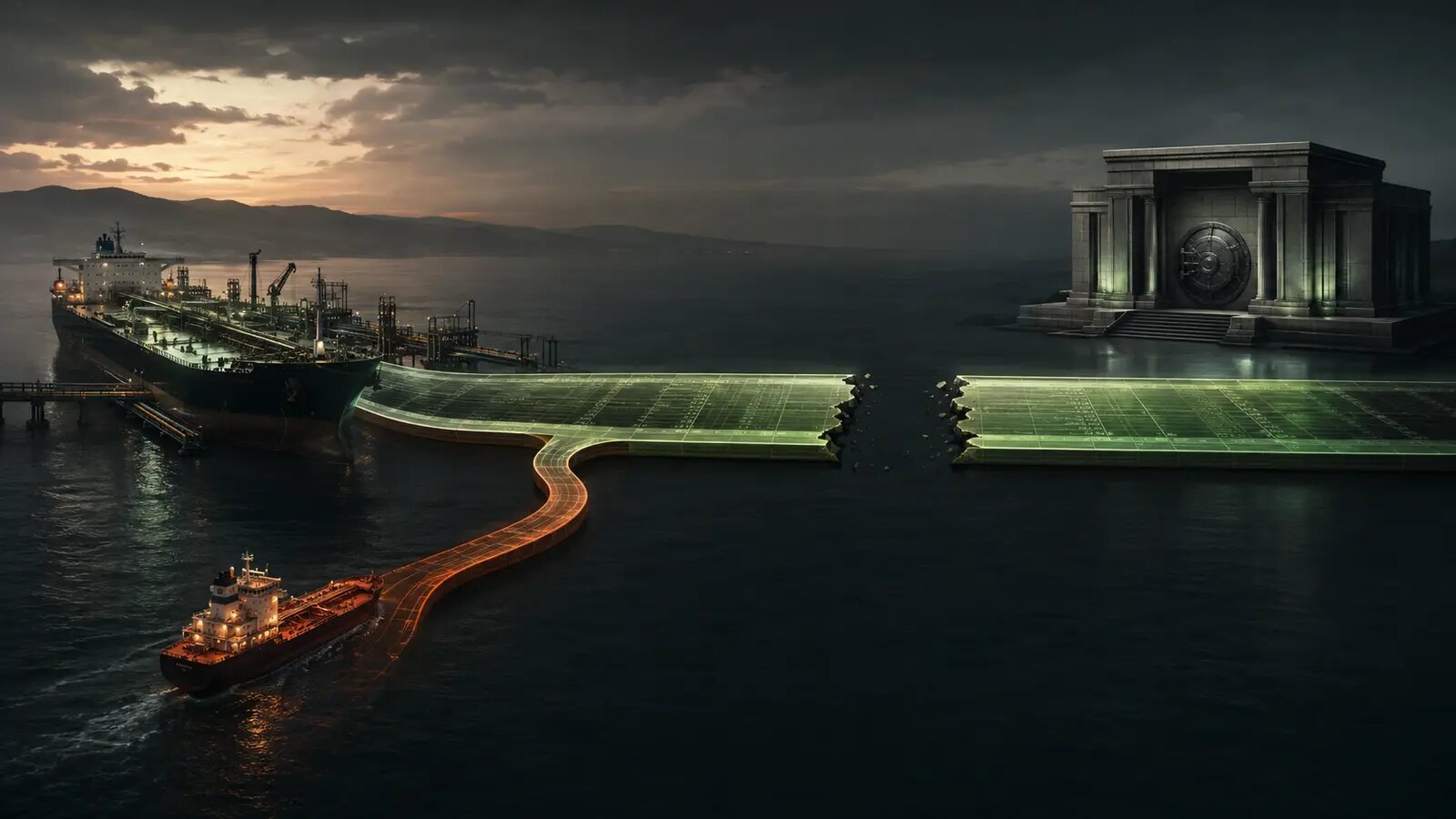 Oil tankers feeding a financial ledger interrupted before an institutional vault