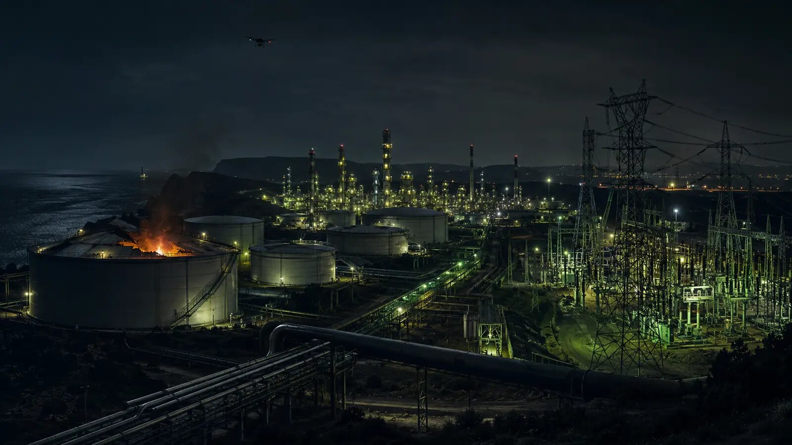 A refinery, fuel tanks and power infrastructure connected at night under a distant aerial threat